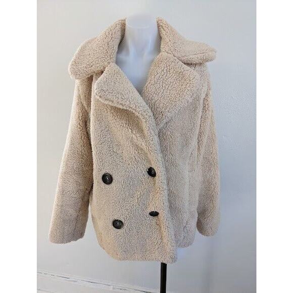 Free People Size XS Double Breasted Teddy Coat Tan Wide Collar Winter Jacket - Picture 5 of 12